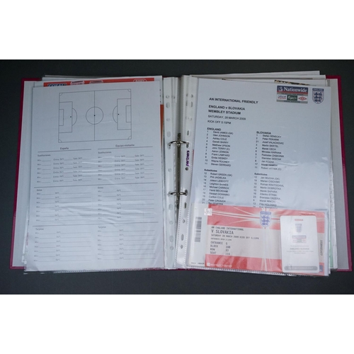 321 - Football - England World Cup 2010 qualifying, a binder containing home & away teamsheets, tickets, p... 