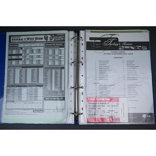 328 - Football - Arsenal fc 2009/10, a binder containing a collection of teamsheets, tickets, menus etc, t... 