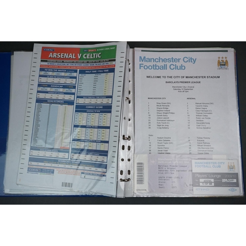 328 - Football - Arsenal fc 2009/10, a binder containing a collection of teamsheets, tickets, menus etc, t... 