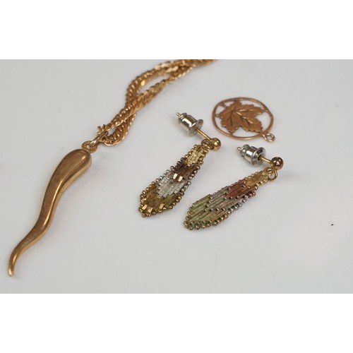 350A - A collection of gold and yellow metal jewellery to include necklaces, pendants and earrings.