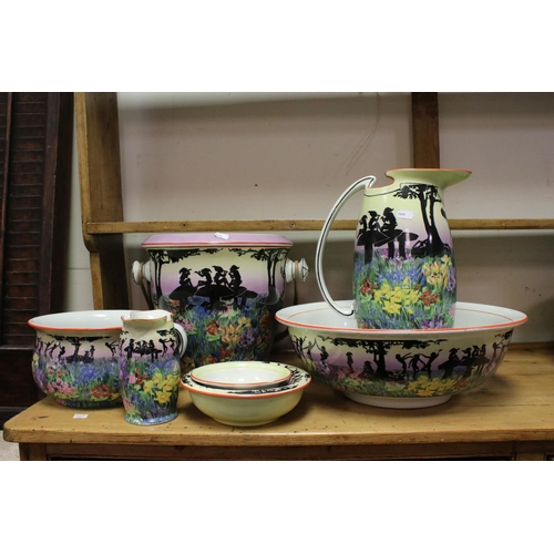 36 - Early 20th century Staffordshire Wilkinson's Pottery Wash Set decorated with Silhouetted Figures in ... 