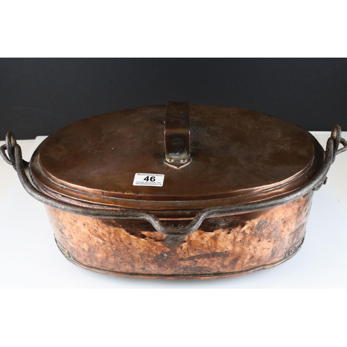 46 - 18th century oval copper saucepan with cover, another copper saucepan & a small copper scoop