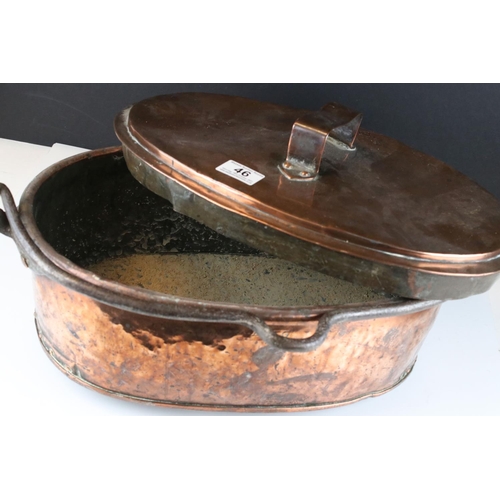 46 - 18th century oval copper saucepan with cover, another copper saucepan & a small copper scoop