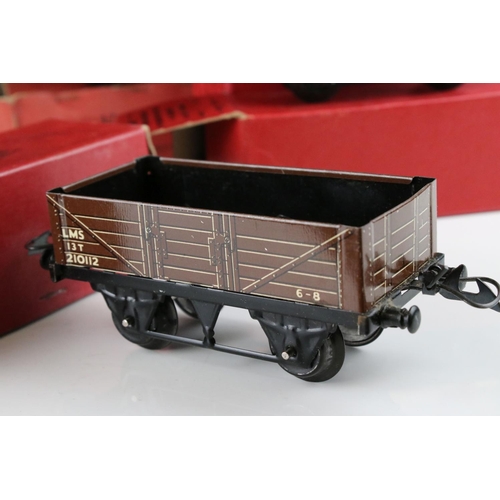 128 - 10 Boxed Hornby O gauge items of rolling stock to include No 1 Goods Van LMS, Goods Brake Van, Flat ... 