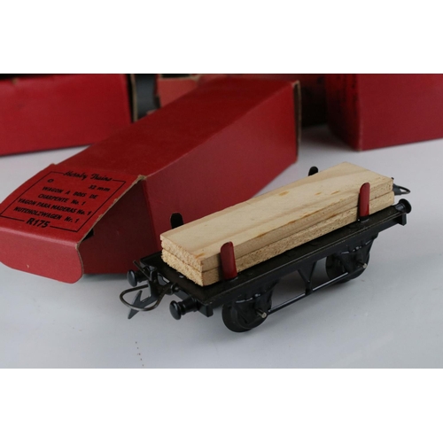 128 - 10 Boxed Hornby O gauge items of rolling stock to include No 1 Goods Van LMS, Goods Brake Van, Flat ... 