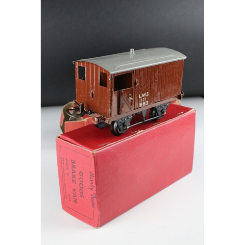 128 - 10 Boxed Hornby O gauge items of rolling stock to include No 1 Goods Van LMS, Goods Brake Van, Flat ... 