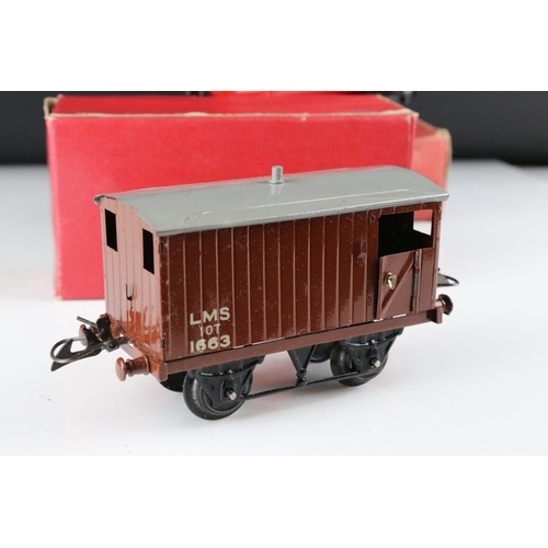 128 - 10 Boxed Hornby O gauge items of rolling stock to include No 1 Goods Van LMS, Goods Brake Van, Flat ... 