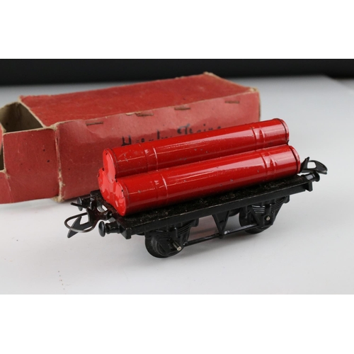 128 - 10 Boxed Hornby O gauge items of rolling stock to include No 1 Goods Van LMS, Goods Brake Van, Flat ... 