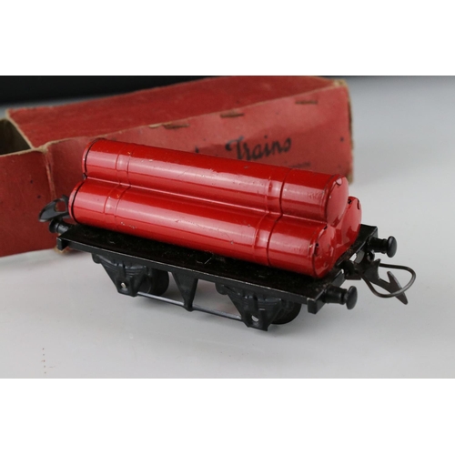 128 - 10 Boxed Hornby O gauge items of rolling stock to include No 1 Goods Van LMS, Goods Brake Van, Flat ... 