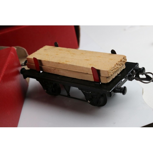 128 - 10 Boxed Hornby O gauge items of rolling stock to include No 1 Goods Van LMS, Goods Brake Van, Flat ... 