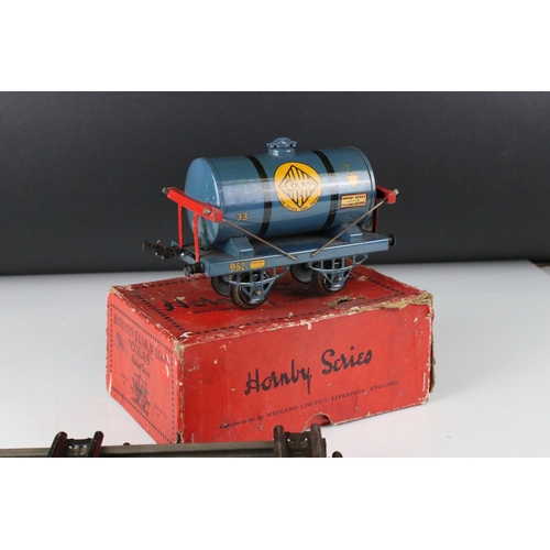 143 - Boxed Hornby O gauge Colas Bitumen Tank Wagon (gd with some wear, tatty box with split seams) plus b... 