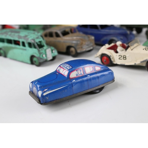 466 - 13 Mid 20th C diecast and tin plate cars to include Dinky Daimler, Dinky Riley, Dinky 108 MG Midget ... 