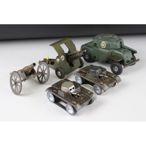 491 - Five tin plate & plastic military models to include Triang plastic & tin plate tank, 2 x tin plate c... 