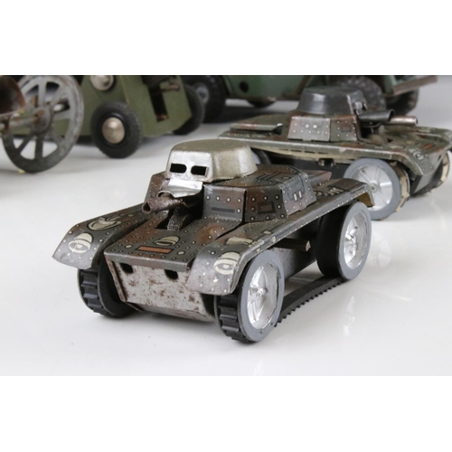 491 - Five tin plate & plastic military models to include Triang plastic & tin plate tank, 2 x tin plate c... 