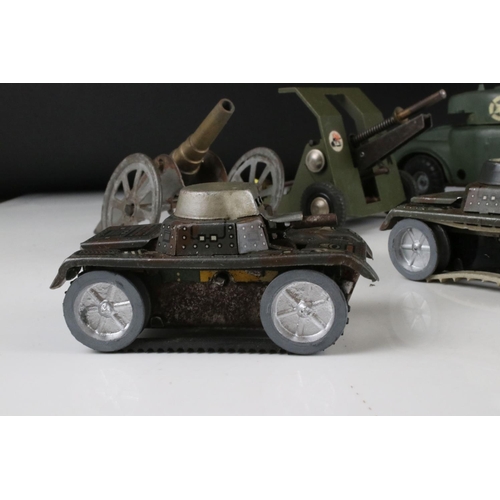 491 - Five tin plate & plastic military models to include Triang plastic & tin plate tank, 2 x tin plate c... 