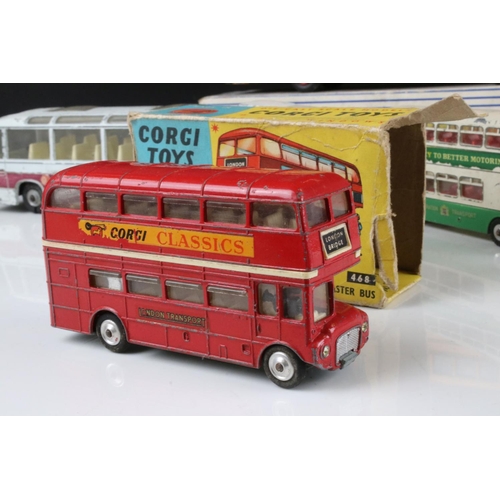 486 - Boxed Dinky Supertoys 949 Wayne School Bus diecast model, 2 x boxed Corgi 468 London Transport Route... 