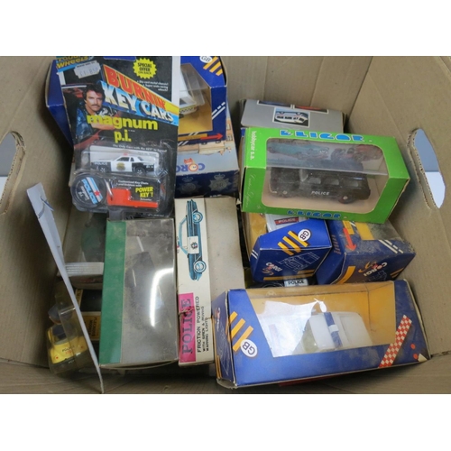 293 - Box of assorted boxed diecast Police vehicles, to include Corgi, Norev, Kidco Tough Wheels Burnin' K... 