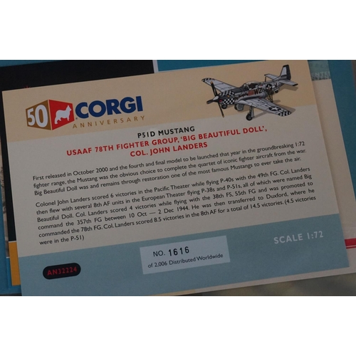 236 - Five Boxed Corgi Anniversary Edition 1/72 diecast models to include AA27603 Hawker Hurricane Mk.1 - ... 