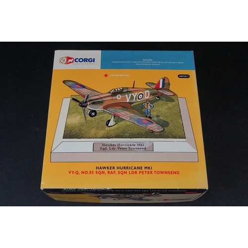 236 - Five Boxed Corgi Anniversary Edition 1/72 diecast models to include AA27603 Hawker Hurricane Mk.1 - ... 