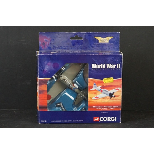 258 - Seven Boxed and Carded Corgi diecast aircraft models to include 4 x WWII Legends, AA33105 Mitsubishi... 