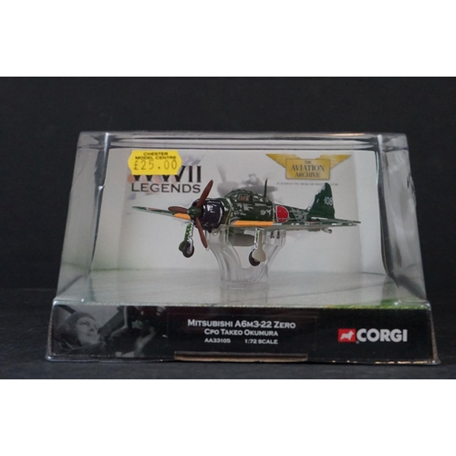 258 - Seven Boxed and Carded Corgi diecast aircraft models to include 4 x WWII Legends, AA33105 Mitsubishi... 