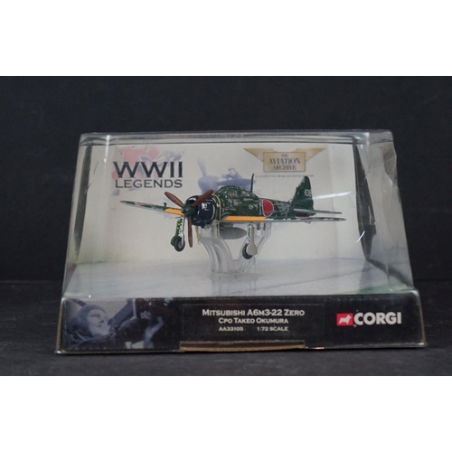 258 - Seven Boxed and Carded Corgi diecast aircraft models to include 4 x WWII Legends, AA33105 Mitsubishi... 