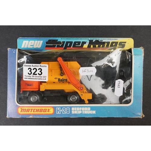 323 - Three boxed Matchbox diecast models to include K-28 Bedford Skip Truck, K-34 Pallet Truck, K-15 The ... 