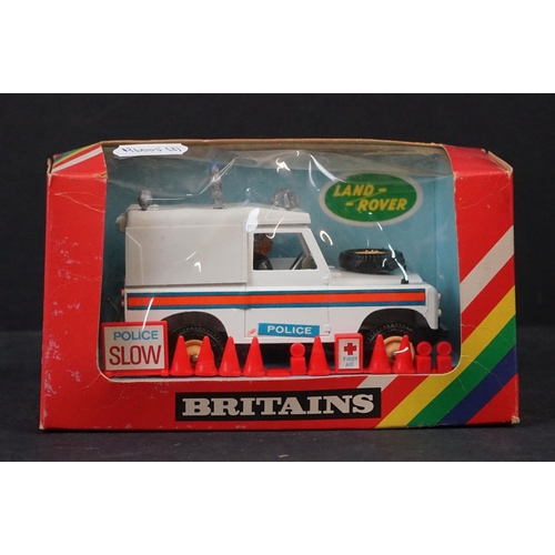 336 - Boxed Britains Police Land Rover 9610 x2, together with a boxed Britains Norton 850 Police Patrol Ma... 