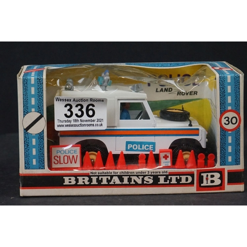 336 - Boxed Britains Police Land Rover 9610 x2, together with a boxed Britains Norton 850 Police Patrol Ma... 