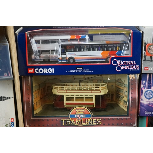 387 - 19 Boxed Corgi diecast buses and trams to include Original Omnibus, Blackpool, and Tramlines, all vg