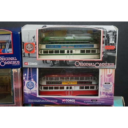 387 - 19 Boxed Corgi diecast buses and trams to include Original Omnibus, Blackpool, and Tramlines, all vg