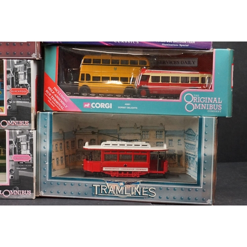 387 - 19 Boxed Corgi diecast buses and trams to include Original Omnibus, Blackpool, and Tramlines, all vg