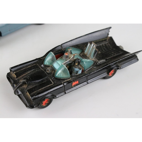 444 - Eight mid 20th C play worn diecast models to include Corgi & Dinky featuring Corgi Batmobile with Ba... 