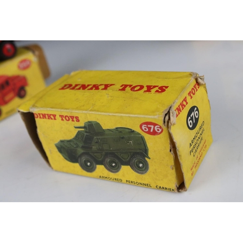 445 - Three boxed Dinky diecast models to include 109 Austin Healey 100 Sports in yellow, 676 Armoured Per... 