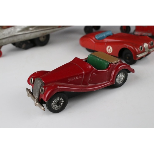 456 - Five mid 20th C models to include Schuco tin plate Jaguar XK120 in red, Scalex tin plate MG TF in re... 