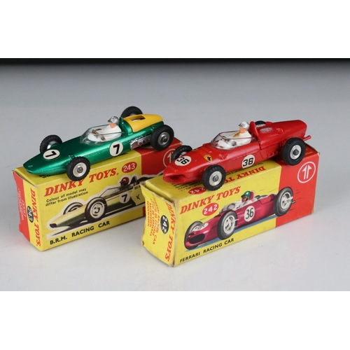 496 - Two boxed Dinky diecast models to include 243 BRM Racing Car in metallic green & 242 Ferrari Racing ... 