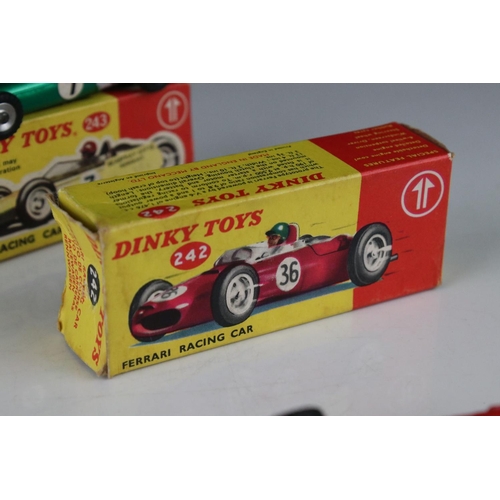 496 - Two boxed Dinky diecast models to include 243 BRM Racing Car in metallic green & 242 Ferrari Racing ... 