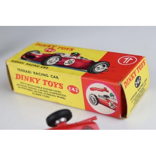 496 - Two boxed Dinky diecast models to include 243 BRM Racing Car in metallic green & 242 Ferrari Racing ... 