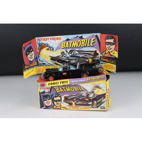 500 - Boxed Corgi 267 Batman Batmobile diecast model with both Batman & Robin figures, diecast showing som... 