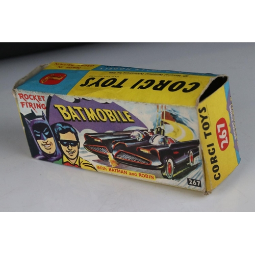 500 - Boxed Corgi 267 Batman Batmobile diecast model with both Batman & Robin figures, diecast showing som... 