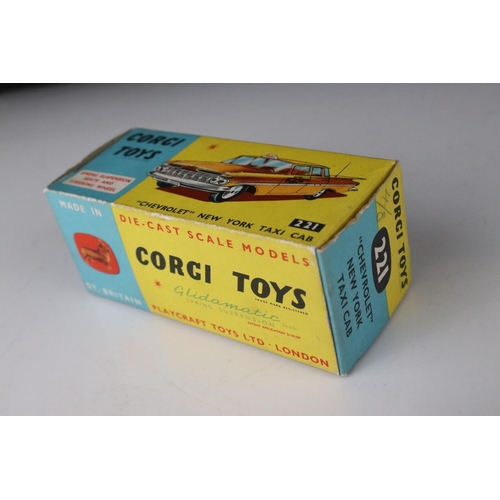 510 - Boxed Corgi 221 Chevrolet New York Taxi Cab diecast model with original Corgi leaflet, excellent