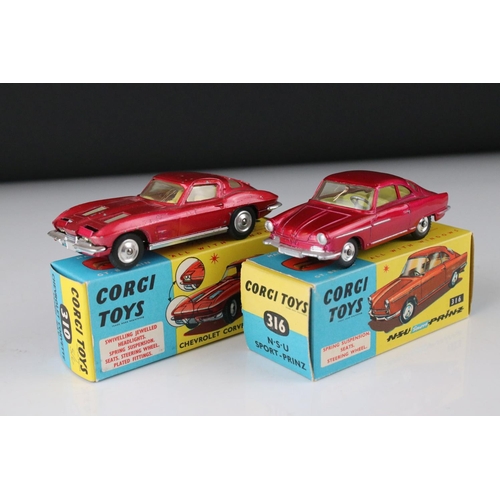 520 - Two boxed Corgi diecast models to include 316 NSU Sports Prinz in metallic cerise (excellent) and 31... 