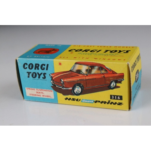 520 - Two boxed Corgi diecast models to include 316 NSU Sports Prinz in metallic cerise (excellent) and 31... 