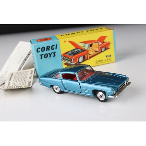 521 - Three boxed Corgi diecast models to include 241 Ghia L6.4 in metallic blue, 314 Ferrari Berlinetta 2... 