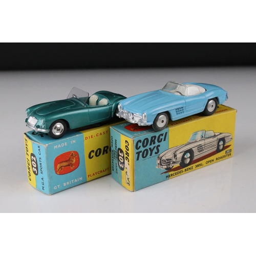 523 - Two boxed Corgi diecast models to include 302 MGA Sports Car in metallic green and 303 Mercedes Benz... 