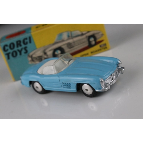 523 - Two boxed Corgi diecast models to include 302 MGA Sports Car in metallic green and 303 Mercedes Benz... 