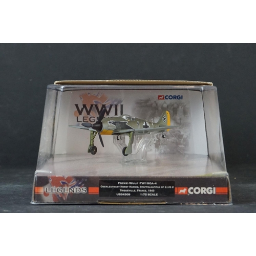 254 - Nine Carded Corgi WWII Legends 1/72 diecast models to include AA32105 Messerschmitt Bf109e-7/trop - ... 