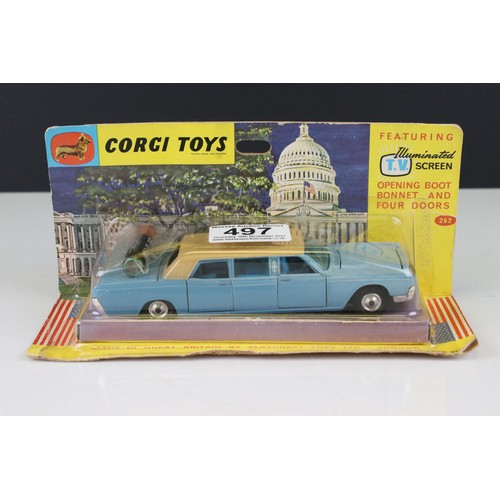 497 - Boxed Corgi 262 Lincoln Continental Executive Limousine diecast model in pale blue with cream roof, ... 