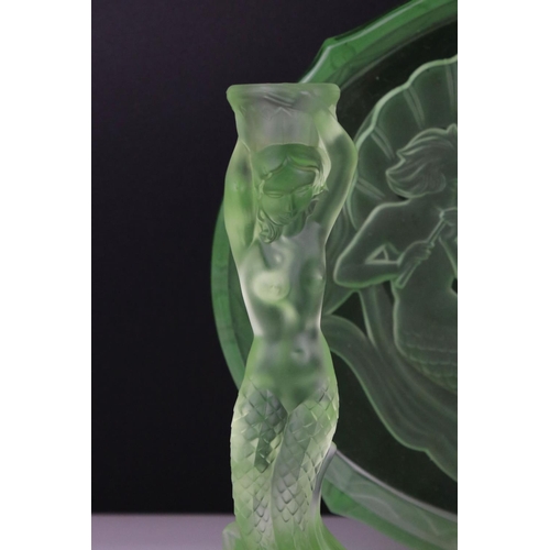 20 - Walther & Sohne green uranium glass ' Nymphen ' dressing table set comprising tray, 2 x candlesticks... 