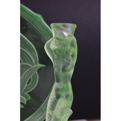20 - Walther & Sohne green uranium glass ' Nymphen ' dressing table set comprising tray, 2 x candlesticks... 